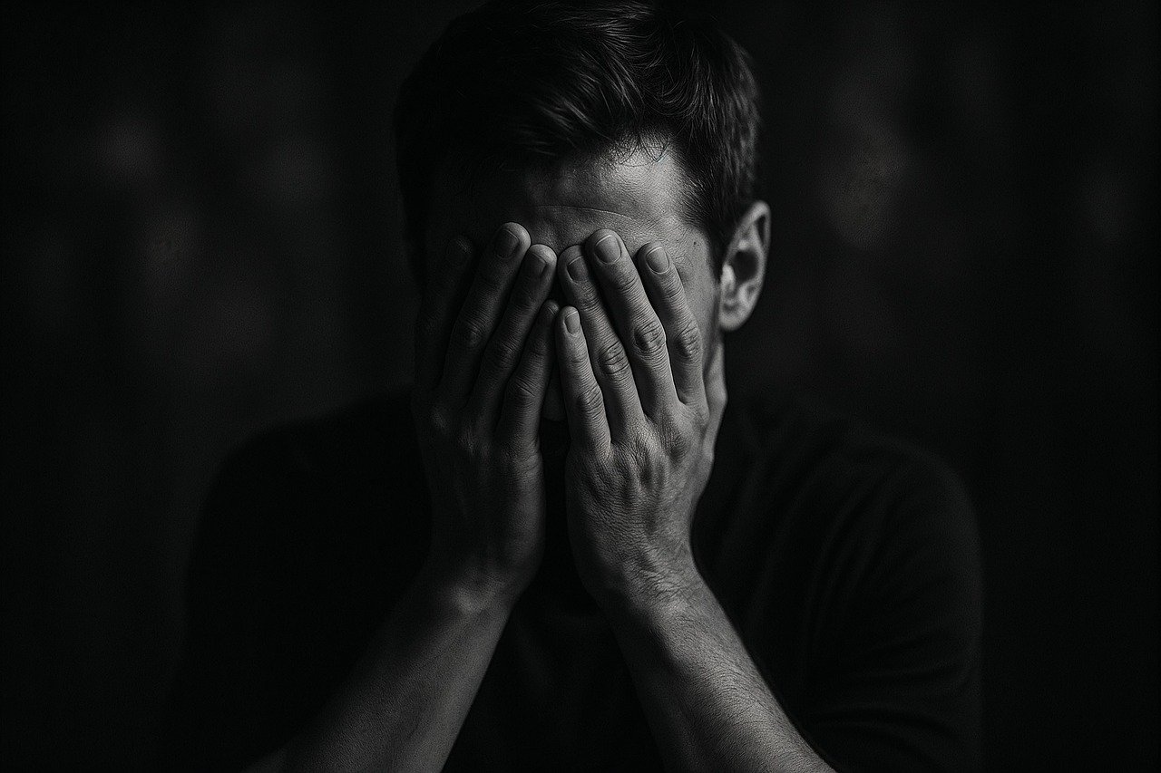 両手で顔をおおって悲しむ男性