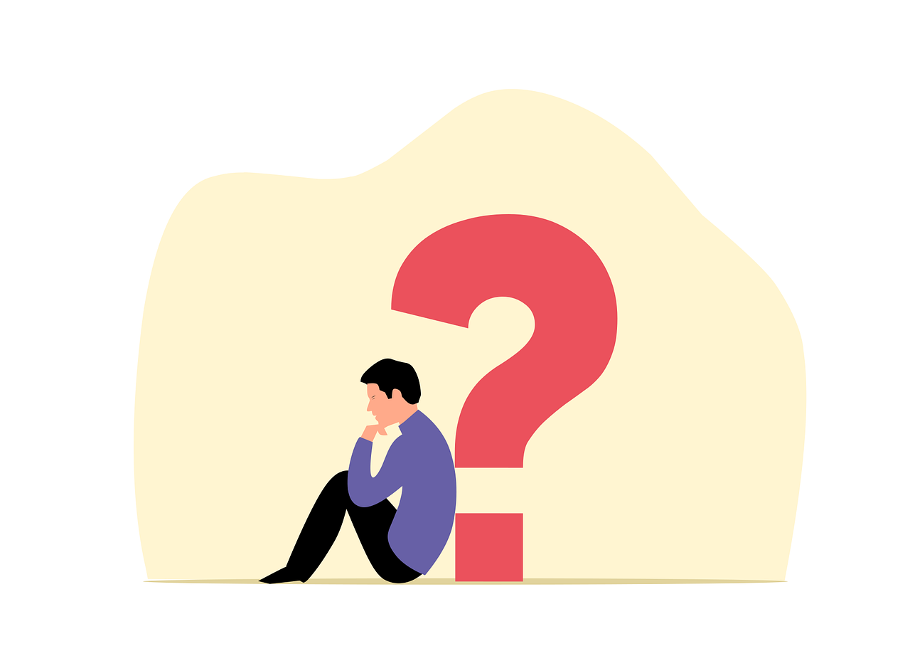 はてなマークを背に考え込む男性のイラスト